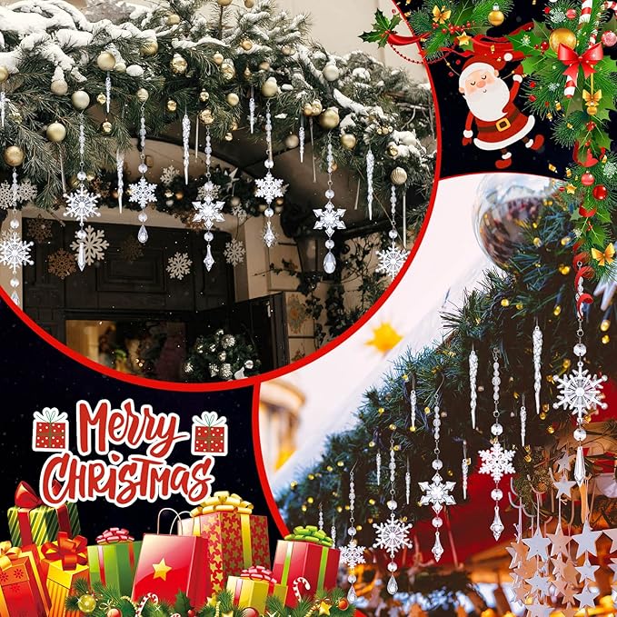 Giegxin 32 Pcs Crystal Christmas Ornaments Crystal Hanging Snowflakes Acrylic Xmas Tree Icicle Drop Decorations with Hooks for Christmas Snow Party Winter(Transparent)