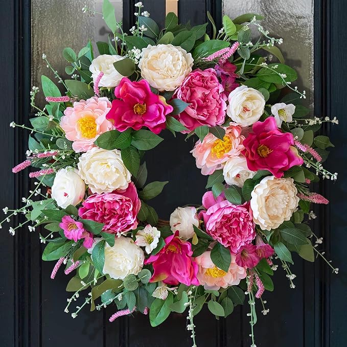 24 Inch Spring Wreaths for Front Door Outside,Artificial Silk Peony Rose Magnolia Spring Summer Wreath with Lavender Greenery | Luxury Summer Wreaths for Front Door-Indoor Outdoor Wreath Decor