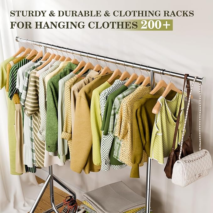 Clothes Rack Load 450 LBS, Heavy Duty Garment Rack, Standing Rolling Metal Hanging Clothes with Sturdy Wheels & Shelves, Silver