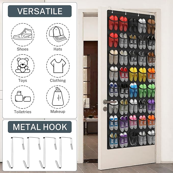 Over the Door Shoe Organizer,40-Pocket Hanging Shoe Rack for Closet Door,Shoes Storage Holder Hanger with Large Mesh Pocket for Women Men Shoes,Flip Flops(Black)