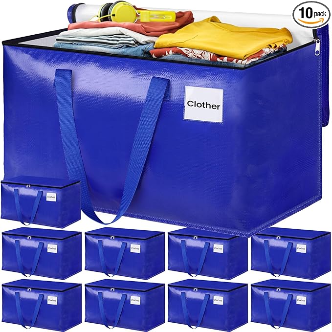 Moving Bags, Storage Bags with Sturdy Handles and Heavy Duty Zippers, Storage Totes for Space Saving, Moving & Storage, Collapsible Moving Supplies(100L, 10-Pack, Blue)