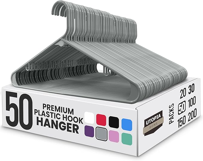 Utopia Home Plastic Hangers 50 Pack - Space Saving Clothes Hanger - Durable & Strong Closet Organizers and Storage with Built-in Strap Hooks - Essential for Shirts, Pants, Skirts & Coats (Grey)