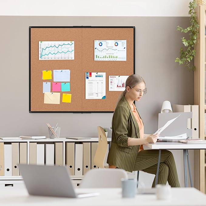 Extra Large Cork Bulletin Board 48" X 48", Foldable Notice Pin Board for Wall, Black Aluminum Framed 4'x4' Corkboard, Wall Mounted Noticeboard with 36 Push Pins for School, Home & Office