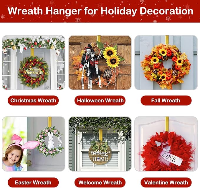 Gold Wreath Hanger, Christmas Decorations Adjustable Wreath Hangers for Front Door Adjustable from 14.9-25 Inches Over The Door Hooks Organizer Larger Hangers Festival Wreaths, Decorations Hook