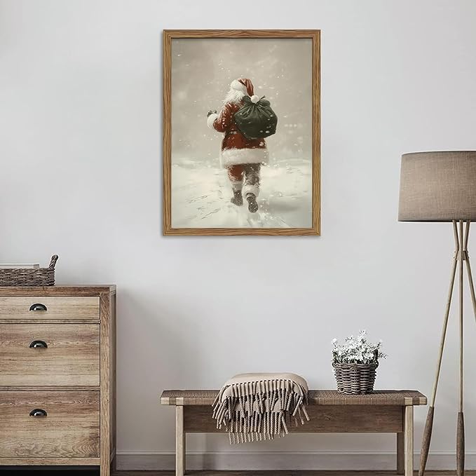 Framed Christmas Wall Art, Santa Claus Walk in Snow Canvas Prints, Vintage Christmas Pictures Wall Decor, Rustic Santa Oil Painting, Winter Snow Scene Christmas Decorations – 12X16in