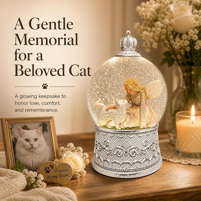 Cat Memorial Gifts for Loss of Cat Sympathy Gift, Snow Globe with Auto Swirling Glitter & 6H Timer, Battery or USB Powered, Cat Remembrance Gifts for Home Decor