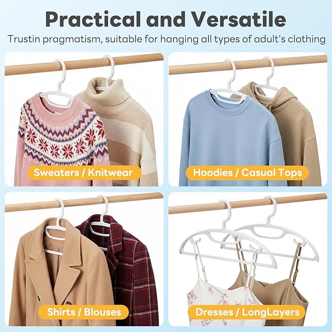 HOUSE DAY Plastic Clothes Hangers 12 Pack, Sweater Hangers No Shoulder Bump, Thick Heavy Duty Coat Hanger for Closet, White Wide Hanger with Non-Slip Hook for Sweaters, Suits, Dresses, Jackets, Pants