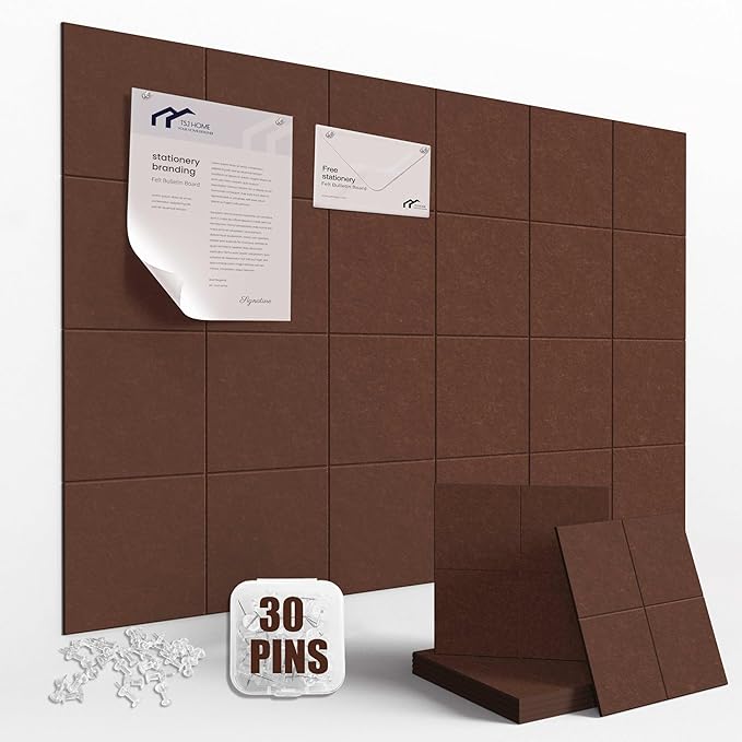 Large Felt Cork Board Alternative - 36" x 24" Bulletin Board with 30 Pushpins, 6 Pack Adhesive Cork Board, Sound Absorbing Fabric Wall Tiles, for Office Home Music Class, Red Brown
