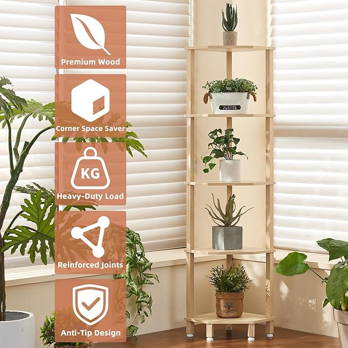 YUFAM 5-Tier Corner Shelf with Sturdy 5-Leg Base, Wooden Corner Bookshelf for Small Spaces, Corner Standing Shelf for Living Room, Bedroom, Bathroom, Natural