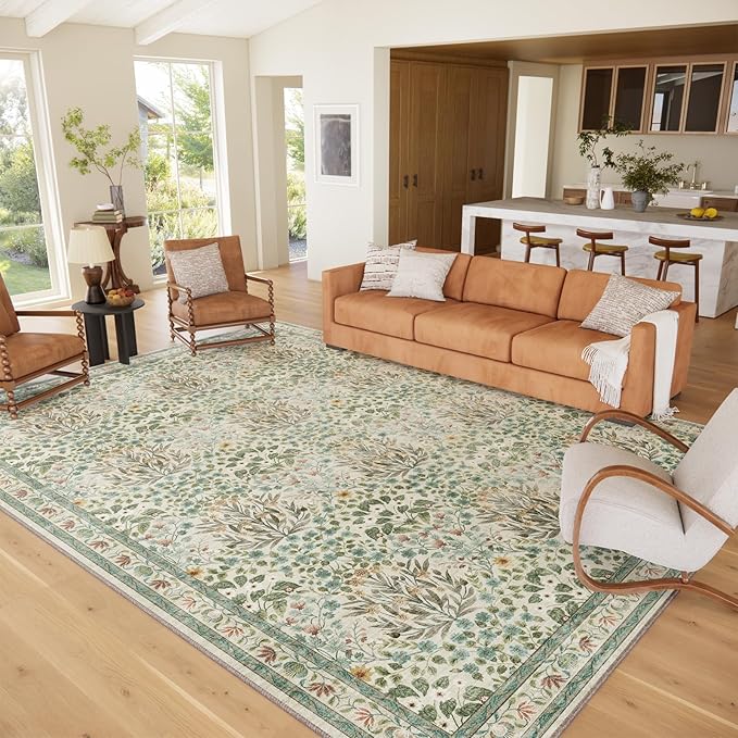 9x12 Washable Area Rug, Soft Non Slip Low Pile Rug for Living Room, Bedroom, Large Dining Room, Vintage Floral Design, Stain Resistant Carpet