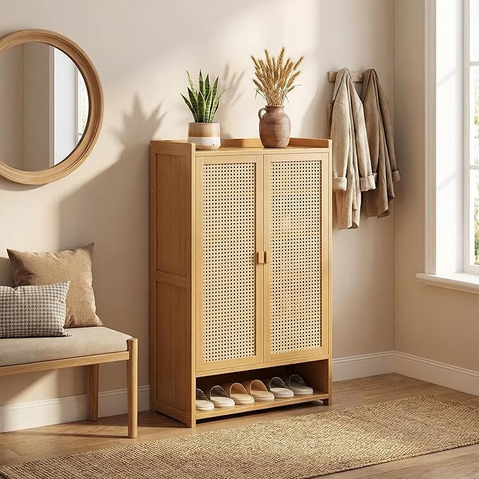 SACSTAR Shoe Storage Cabinet 23.6" L x 12.6" W x 36.6" H Compact Entryway Shoe Rack with 2 Doors & 5 Shelves, Natural Bamboo & Rattan Design Ideal Shoe Organizer for Small Spaces