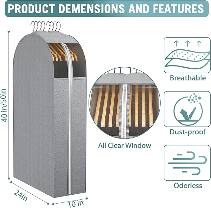 10" Gusseted Garment Bags for Hanging Clothes with Clear Window (40&50") Suit Bags for Open Closet Storage, Clothing Cover for Coat, Dress, Jacket, Shirt, Fur Wardrobe Protector, 4 Packs