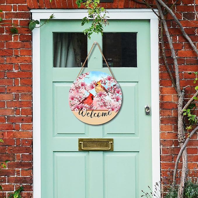 Welcome Spring Summer Cardinal Birds Front Door Sign 12"x12" Pink Blossoming Flower Floral Wood Door Hanger for Outdoor Outside Porch Decor Farmhouse Seasonal Wreaths for Front Door Wall Hanging Sign