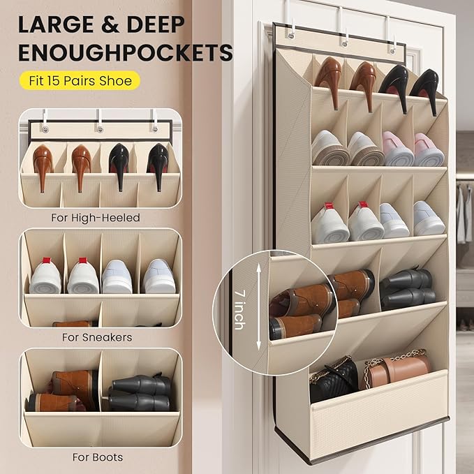 15 Pockets Over the Door Shoe Organizer, Shoe Rack for Closet Door with Large Breathable Pockets, Hanging Shoes Rack for Boots Size, Behind the Door Organizer Shoe Holder for Flexible Storage, Beige ﻿