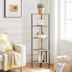 HOOBRO Corner Shelf Stand, Industrial 5-Tier Corner Bookshelf with Metal Frame, Corner Shelf Stand Display Plant Flower, Corner Bookcase for Small Spaces, Living Room, Greige and Black BG33CJ01