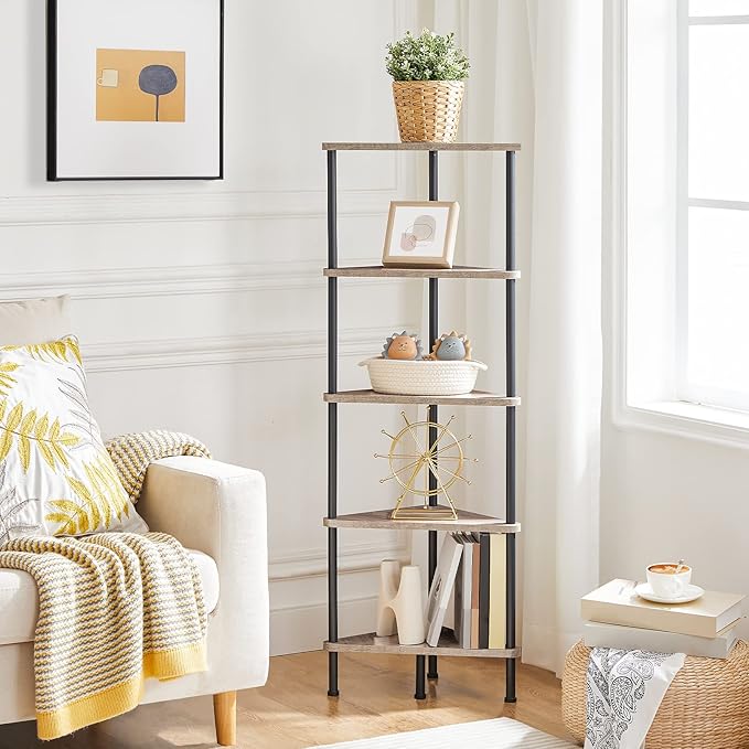 HOOBRO Corner Shelf Stand, Industrial 5-Tier Corner Bookshelf with Metal Frame, Corner Shelf Stand Display Plant Flower, Corner Bookcase for Small Spaces, Living Room, Greige and Black BG33CJ01