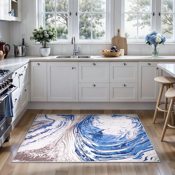 Ciicool Modern Abstract Area Rug 2x3 Washable Small Soft Entryway Rugs, Blue Brown Non-Slip Low Pile Throw Entry Rug, Foldable Kitchen Bathroom Rugs Floor Carpet for Entrance Bedroom Indoor Doormat