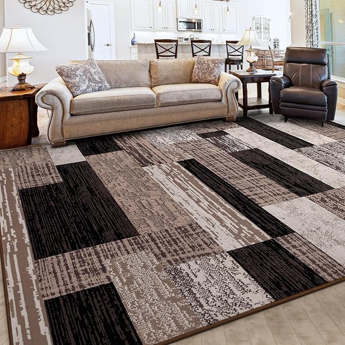 FlyDOIT Modern Geometric Patchwork Area Rug, 8x10 Chocolate Large Rugs for Living Room, Rockwood Collection Indoor Rugs for Bedroom, Throw Carpet Floor Decor for Entryway Dining Room Office Nursery
