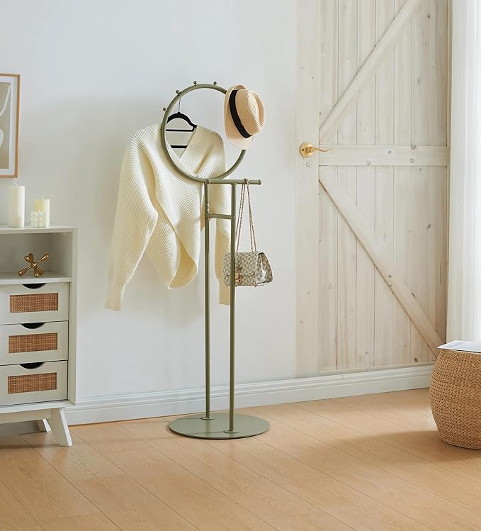 Kings Brand Furniture Cheska Suit Valet Stand with Circular Frame - Tie Jacket Clothes Hooks, Freestanding Clothing Organizer, Lemon Pepper