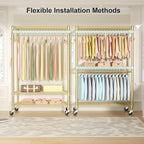 FUTASSI P1 Plus Rolling Clothes Rack, 22mm Diameter Heavy Duty Garment Rack with Wheels, Portable Closets with Shelves and Hanger Rods, 45" W x 17.7" D x 80.5" H, Load 524 LBS, Gold