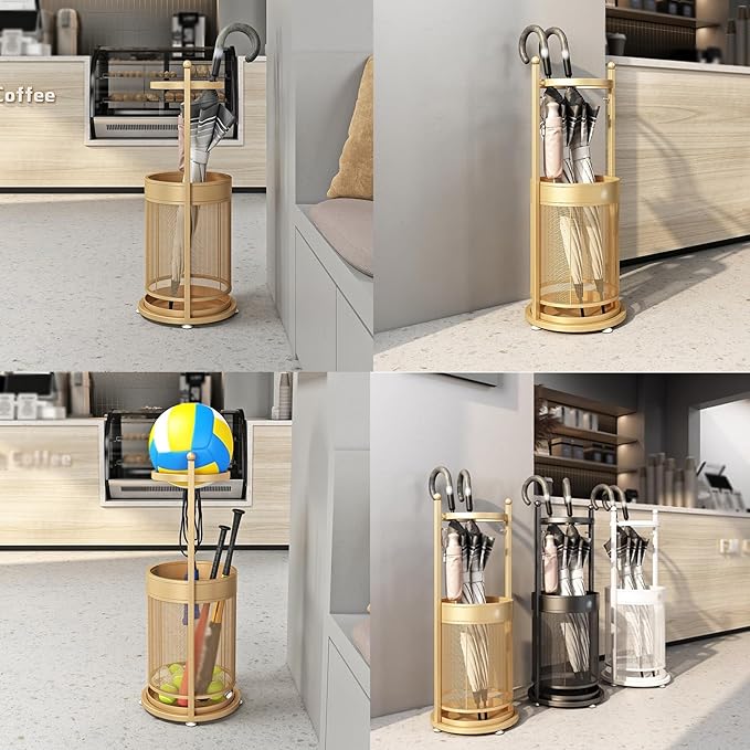 Commercial Metal Umbrella Stand Holder Indoor Large-Capacity Umbrella Stand Racks with Removable Drip Tray Entrance Umbrellas Organizer Freestanding Umbrella Basket for Home Office Entryway.(Gold)