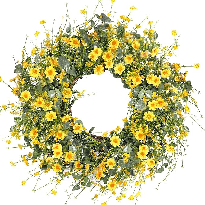 Sggvecsy Yellow Daisy Wreath 24 Inch Spring Summer Wreath Fake Silk Floral Wreath with Green Eucalyptus Leaves and Lavender for Front Door Window Wall Wedding Farmhouse Festival Decor