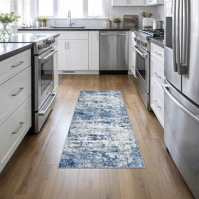 2'x5'Runner Rug Washable Rug: Modern Abstract Soft Thin Runner Rug Blue