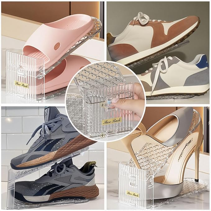 6Pack Shoe Slots Organizer and 6Pcs Shoe Storage Bags Set, Adjustable Double Layer Stack Shoe Space Saver Holder, 50% Space-Saving White Plastic Thickening Shoe Rack for Closet Organization