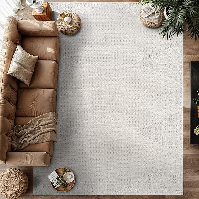 Modern Micro Loop Indoor Area Rugs for Living Room Bedroom Kitchen Geometric Triangle White 6x9 Luxury Durable Low and High Pile Non-Shedding Stain Resistant Soft Area Carpet 6 x 9