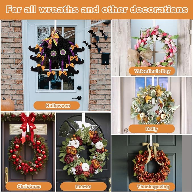 PECULA 2 Pack 14” Wreath Hangers for Front Door, Wreath Door Hanger 40lb Load-Bearing, Metal Wreath Hanger for Welcome Sign, Door Wreath Hanger for Halloween, Easter, Christmas Decorations (White)