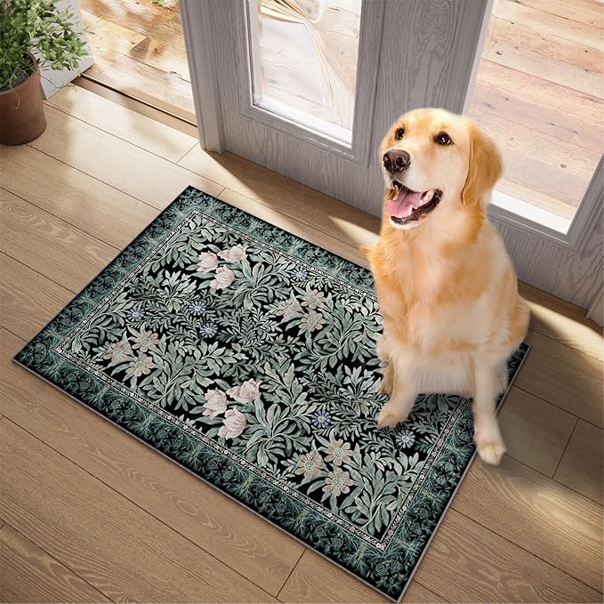 Washable Entryway Area Rugs 2x3 Black Green Vintage Floral Botanical Pattern,Perfect for Soft Door Mat Indoor Entrance, Ultra-Thin Easy Clean Small Throw Carpet for Bedroom Bathroom
