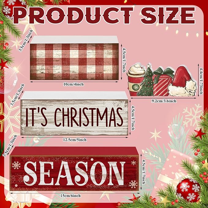 Lineshading 4 Pcs Christmas Table Decoration Wooden Hot Cocoa Santa Hat Decorations Christmas Tiered Tray Decor Winter Centerpiece Decorative Santa Hat Hot Cocoa Gift Box Tree Block Signs for Home