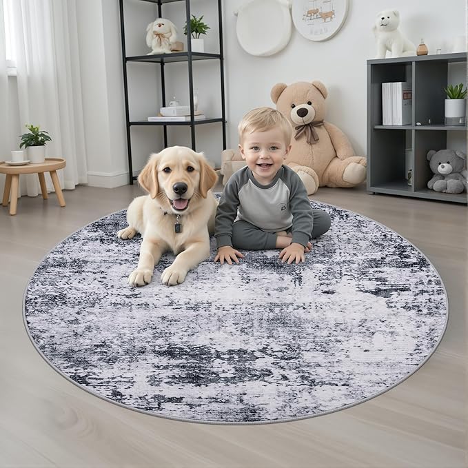 Round Area Rug for Living Room: 4 ft Washable Modern Abstract Soft Thin Rug Indoor Floor No Slip Stain Resistant Carpet for Bedroom Dining Room Farmhouse Nursery Home Office - Grey