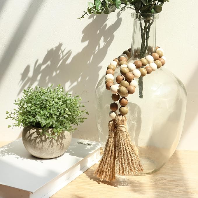 Meplait Wood Bead Garland, 39in Farmhouse Beads with Tassels for Tiered Tray Decor