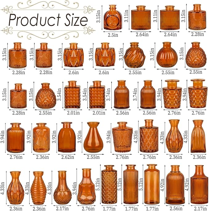 Brown Glass Bud Vases Set of 36, Mini Flower Vase for Centerpieces, Small Amber Bud Vases in Bulk for Wedding Decorations, Vintage Vase for Table, Recepetion, Home Décor