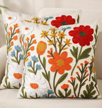 Embroidered Throw Pillow Covers 18x18 Inch - Set of 2 Summer Spring Boho Decorative Pillow Covers with Zipper for Living Room Couch Sofa Bed Aesthetic Design Flower Cluster Cushion Pillowcases