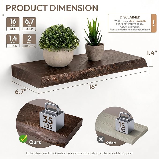 Marsmiles 16 inch Floating Shelves for Wall Elm Wood Live Edge Shelves|Rustic Wall Shelves with Invisible Heavy-Duty Bracket for Bathroom Living Room Kitchen|Walnut, 2 Pack