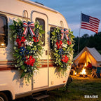 2 Pack 21'' Patriotic Teardrop Swag Wreaths Artificial 4th of July Hanging Swag for Cabinets Red White Blue Floral Navy Blue Berries for Independence Day Memorial Day Front Door Porch Window Wall