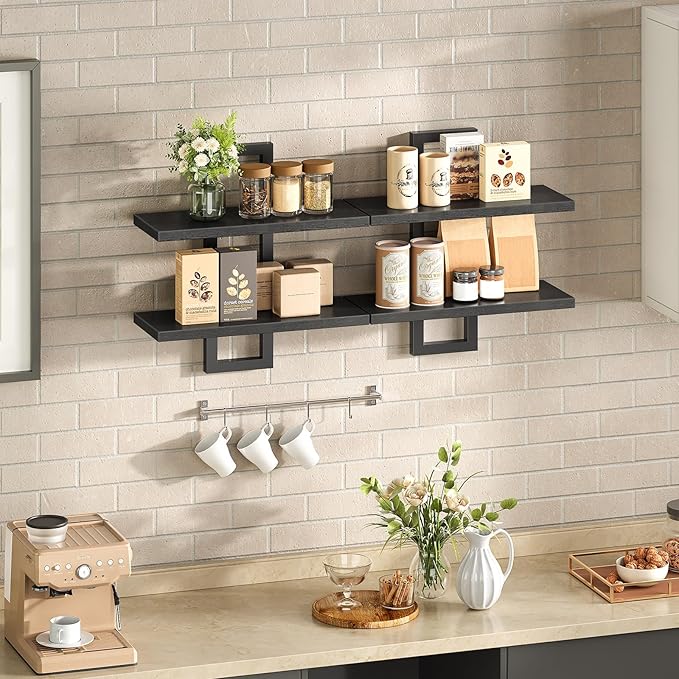 HOOBRO Floating Shelves, 15 Inch Wall Shelf Set of 2, Wall Mounted Storage Shelves 2-Tier, Hanging Bathroom Shelves, for Living Room, Bedroom, Bathroom, Kitchen, Black BK32BJ01