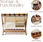 Fully Assembled Walnut Bamboo Folding Luggage Rack for Guest Room, 26.75" Folding Suitcase Stand with Removable Laundry Bag & Storage Shelf, Heavy Duty Foldable Luggage Stand for Bedrooms, Hotels, Airbnbs Holds 215lb