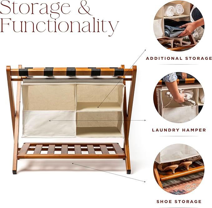 Fully Assembled Walnut Bamboo Folding Luggage Rack for Guest Room, 26.75" Folding Suitcase Stand with Removable Laundry Bag & Storage Shelf, Heavy Duty Foldable Luggage Stand for Bedrooms, Hotels, Airbnbs Holds 215lb