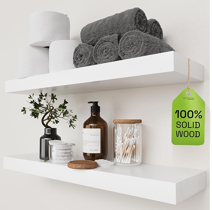 BAOBAB WORKSHOP Wood Floating Shelves for Bathroom Wall - White Shelves for Bedroom Kitchen Living Room - Solid Wood Shelves - White - 24 x 6.7 Inch, Set of 2
