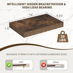 Acovy 16 Inch Floating Shelves, 16"x9.25"x1.5" Inch Deep Floating Shelves for Wall, Wooden Shelves for Bathroom, Bedroom, Living Room, Brown, 2 Pieces