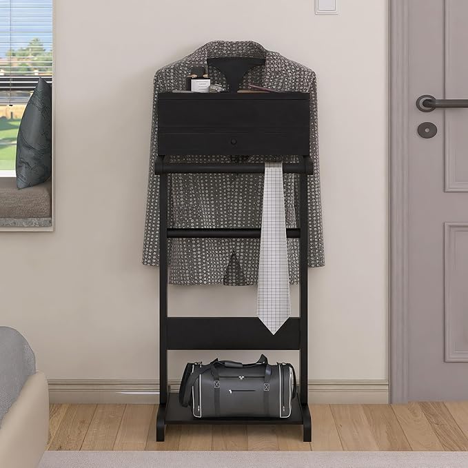 Wooden Valet Stand for Men, Clothing Rack with Drawer, Coat Hanger, Tray, Rods, Shoe Shelf, Women Garment Valet for Bedroom, Living Room, Office, Entryway, Black