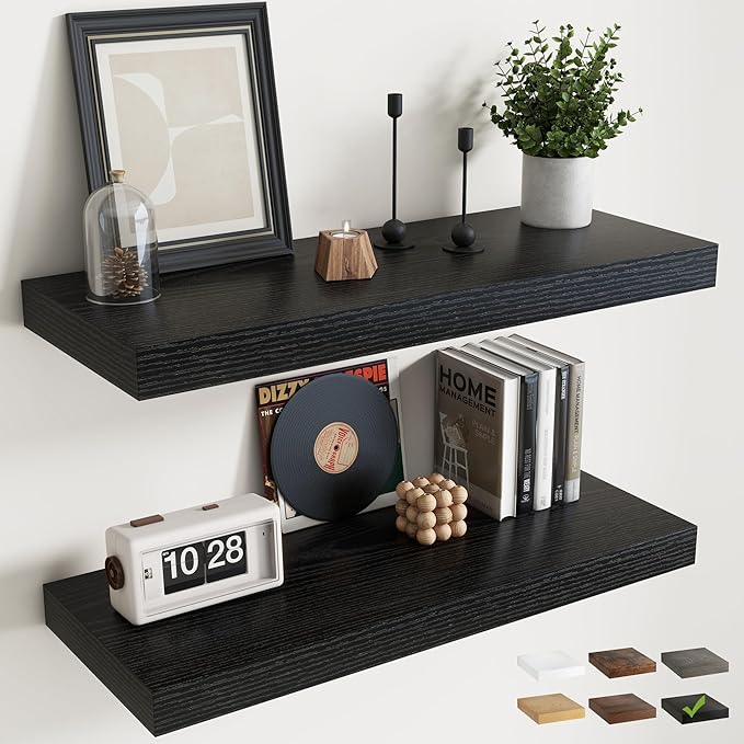 36 Inch Floating Shelves for Wall Set of 2, 12"D Wood Grain Bathroom Shelves with Invisible Brackets, Easy Install Engineered Wood Storage Shelves for Kitchen, Living Room, Bedroom, Black Finish