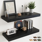 36 Inch Floating Shelves for Wall Set of 2, 12"D Wood Grain Bathroom Shelves with Invisible Brackets, Easy Install Engineered Wood Storage Shelves for Kitchen, Living Room, Bedroom, Black Finish