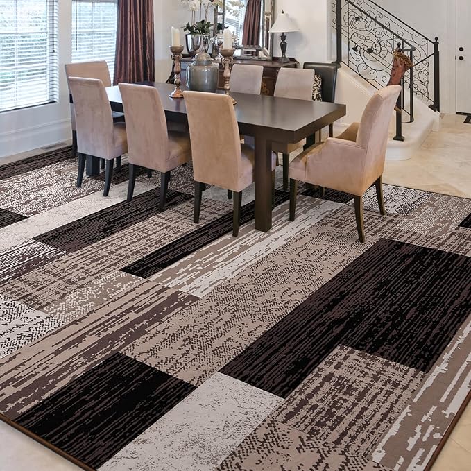 FlyDOIT Modern Geometric Patchwork Area Rug, 8x10 Chocolate Large Rugs for Living Room, Rockwood Collection Indoor Rugs for Bedroom, Throw Carpet Floor Decor for Entryway Dining Room Office Nursery