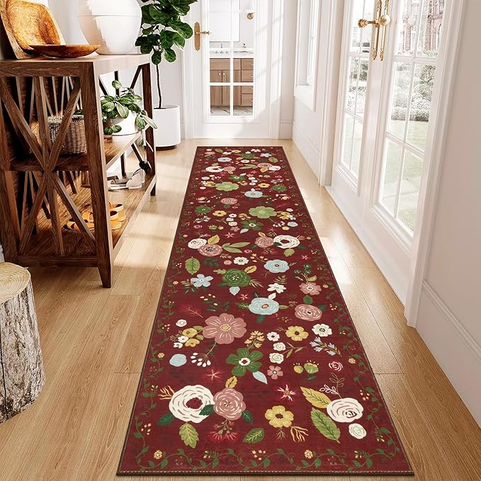 U'Artlines Red Christmas Runner Rug for Hallways,2'6" x 10'Colorful Floral Carpet Soft Non Slip Washable Floor Carpet Runners for Entryway Laundry Room Bathroom