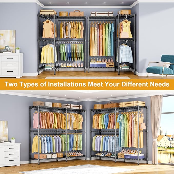 E15 Garment Rack L Shaped Clothes Rack for Corner，Freestanding Clothing Racks for Hanging Clothes，Heavy Duty Closet Organizer with 4 Hanging Rods & 8 S Hooks，43.4" W x 15.8" D x 78.4" H，Grey