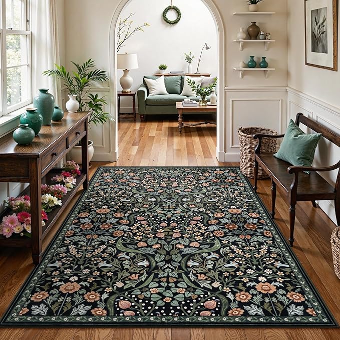 Moynesa Floral Area Rug 6x9, Washable Large Rugs for Living Room, Non Slip Boho Rugs for Dining Room Table, Botanical Ultra Thin Soft Floor Carpet for Farmhouse Office, Black